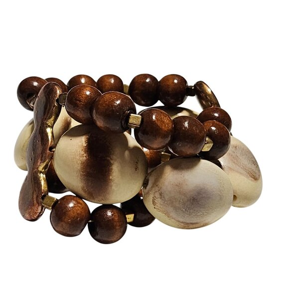 Handmade Wood Beaded Stretch Bracelet Wooden Cream Beads Fashion Jewelry Women - Picture 3 of 4